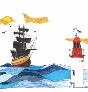 Un bateau de pirates arrive sur la côte. Une mouette est perchée en haut du phare.