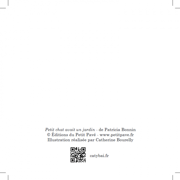 Dos de la carte illustrée du petit chat avait un jardin avec code QR.