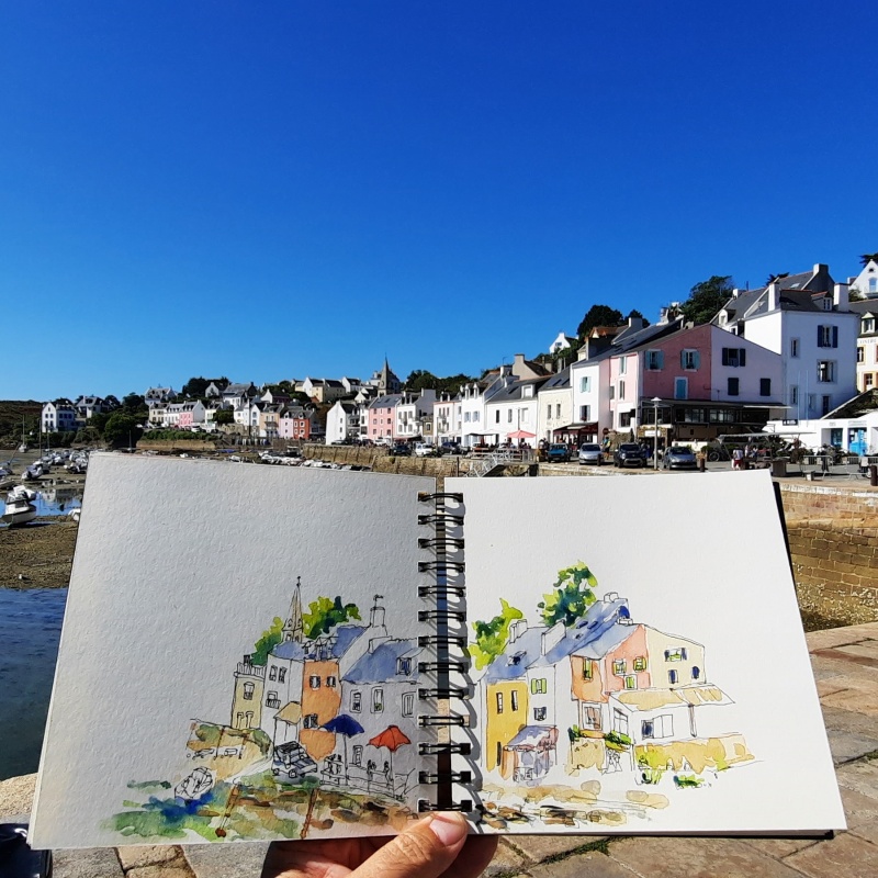 Croquis aquarelle du port de Sauzon à Belle-île-en-Mer dans le Morbihan.